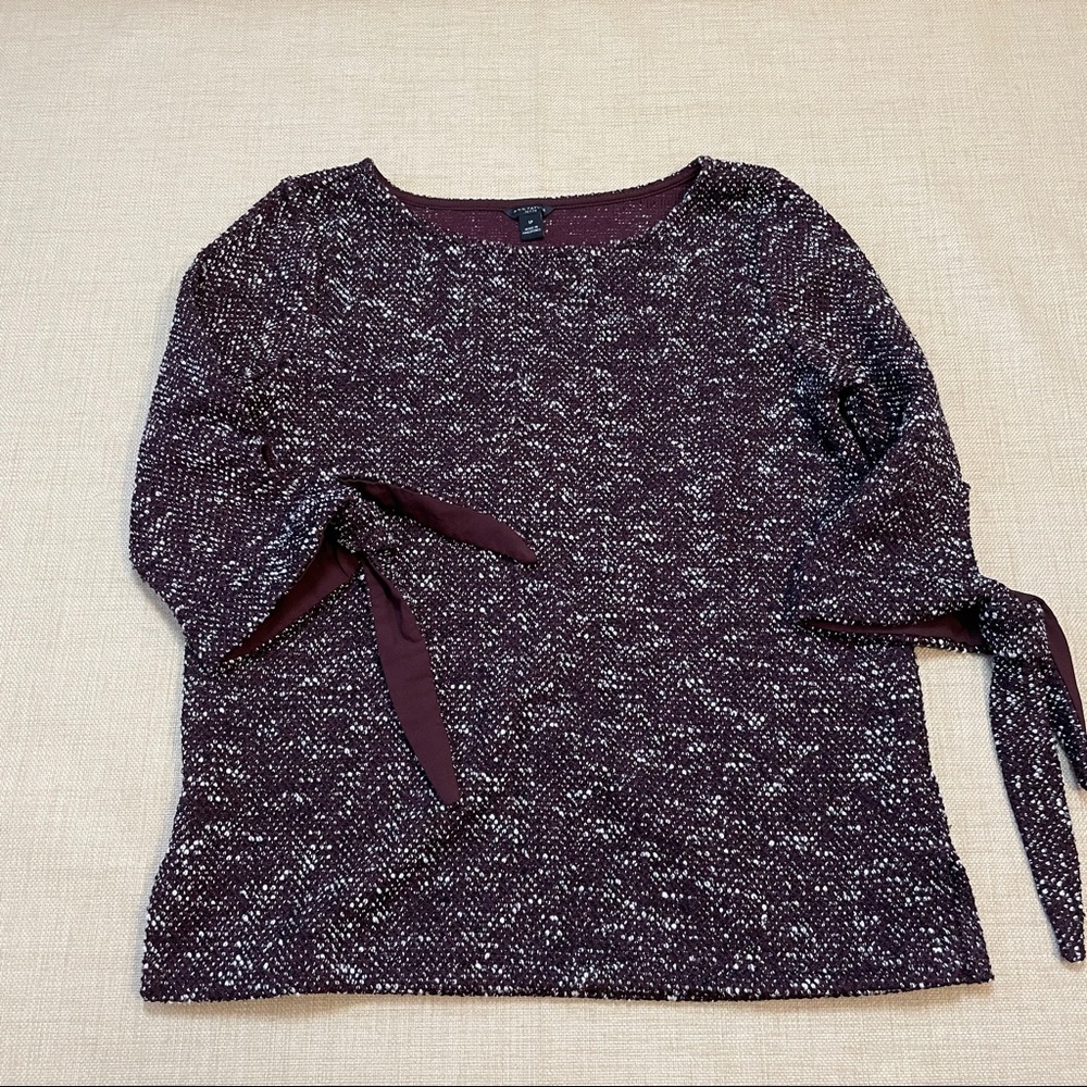 Ann Taylor Maroon Textured Boat Neck 3/4 Tie Cuff Blouse Top